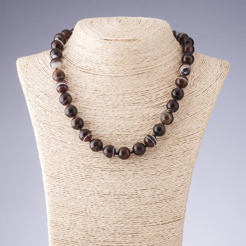 Collana di agata marrone, palline lisce, diametro 12 mm, lunghezza 45 cm