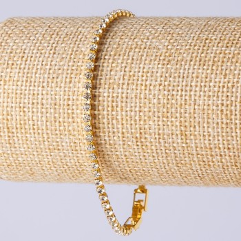 Bracciale con strass a chiusura a scatto, a una fila, colore oro, lunghezza 20 cm, larghezza 3 mm