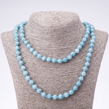 Collana lunga in acquamarina con sfere lisce, diametro 8 mm, lunghezza 110 cm