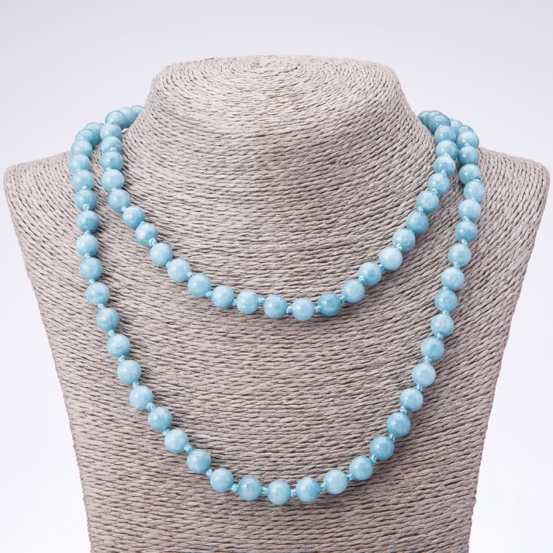 Collana lunga in acquamarina con sfere lisce, diametro 8 mm, lunghezza 110 cm