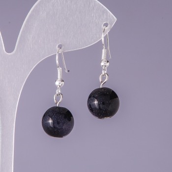 Orecchini in Avventurina Sabbia Blu Notte del Cairo, sfera liscia, diametro 12 mm, lunghezza 3 cm