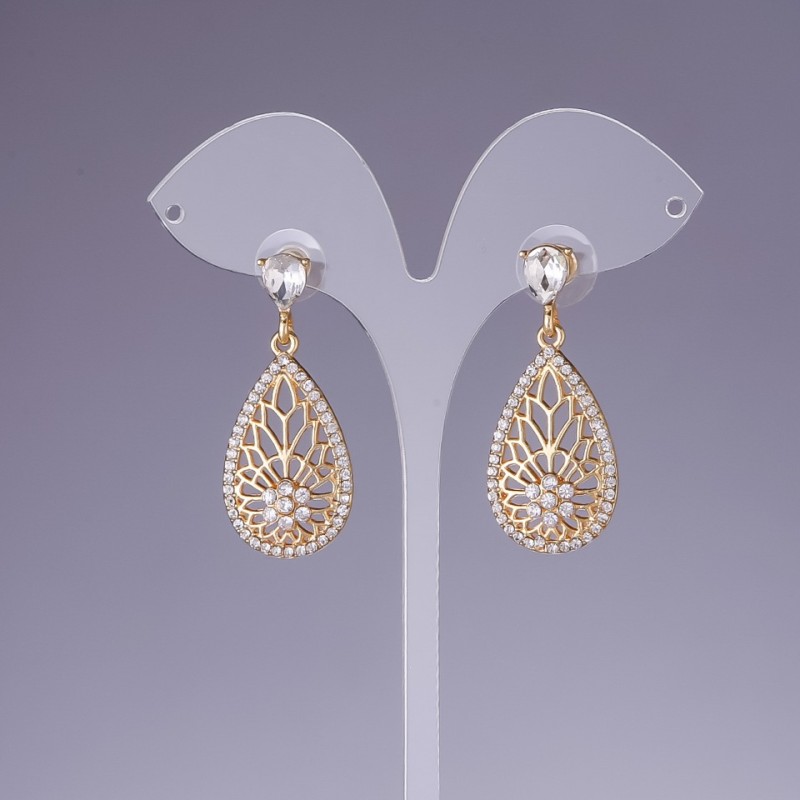 Orecchini con cristalli bianchi, lunghezza 4 cm, metallo giallo