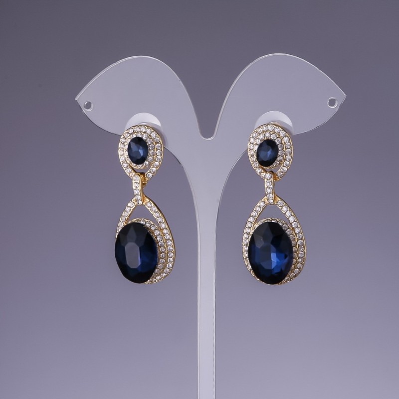 Orecchini con cristalli azzurri, lunghezza 4,5 cm, metallo dorato