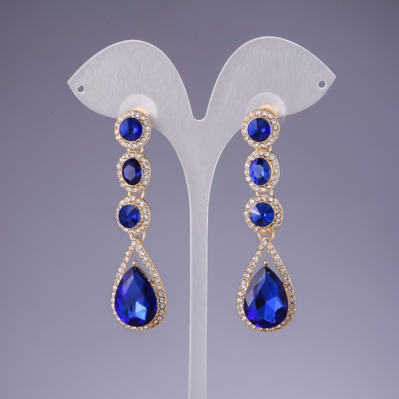 Orecchini con cristalli blu, lunghezza 6 cm, metallo giallo