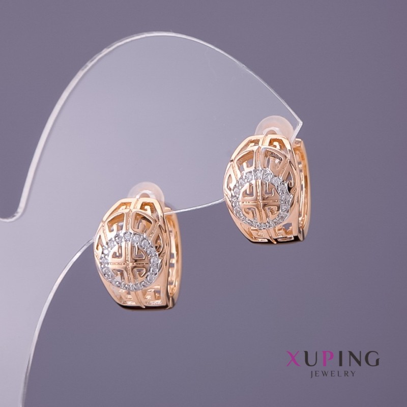 Orecchini Xuping con motivo greco, motivi bianchi, diametro 10 mm, lunghezza 14 mm, colore oro