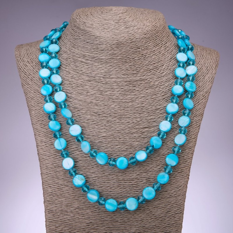 Collana lunga in madreperla azzurra a forma di moneta, 120 cm