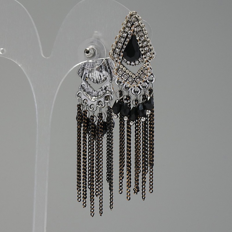Orecchini in stile orientale con cristalli neri, lunghezza 70 mm