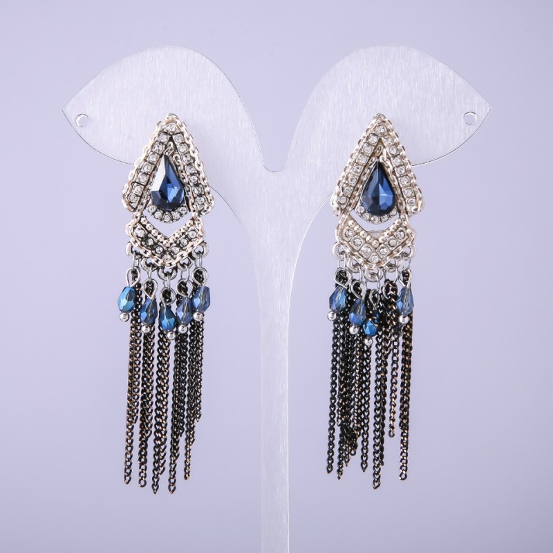 Orecchini in stile orientale con cristalli azzurri, lunghezza 70 mm