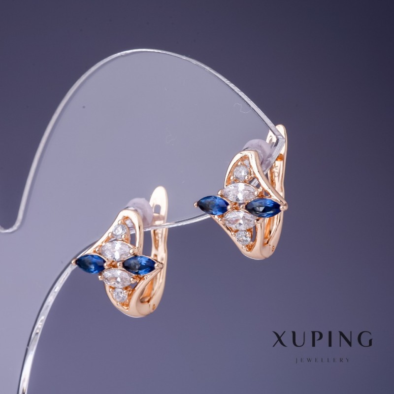 Orecchini Xuping con pietre bianche e blu, 14x13 mm, placcato oro 18K