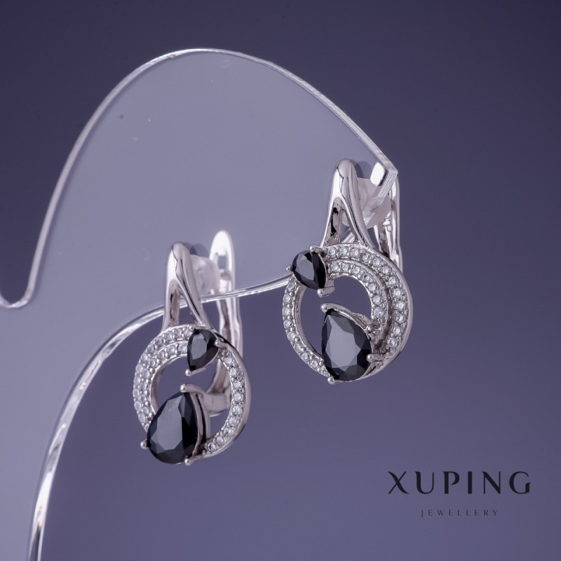Orecchini Xuping rodiati da 20x12 mm con pietra nera