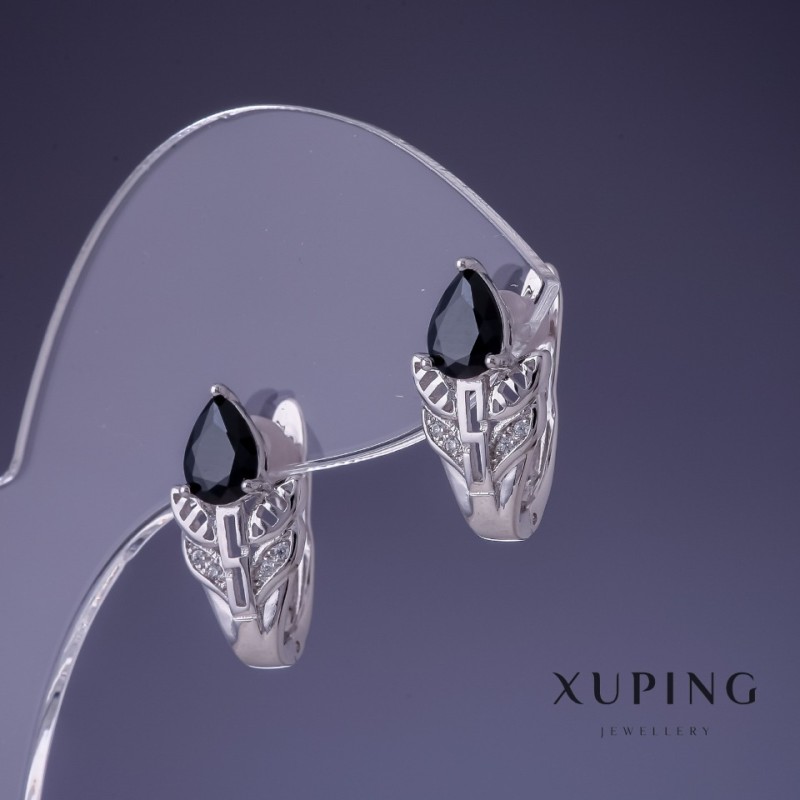 Orecchini Xuping 17×10 mm rodio con pietra nera