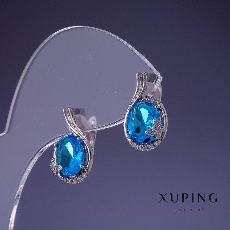 Orecchini Xuping con zircone topazio blu 17x10 mm rodio