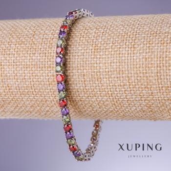 Bracciale Xuping con zirconi multicolori, spessore 4 mm, lunghezza 18-20 cm, rivestimento in rodio 18K