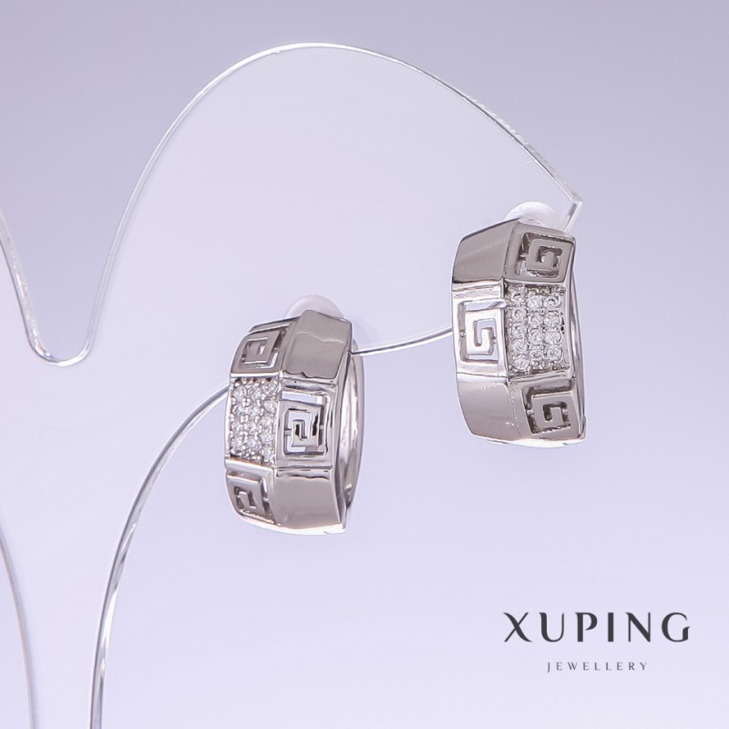 Orecchini Xuping con strass bianchi, lunghezza 17 mm, spessore 9 mm, rodio