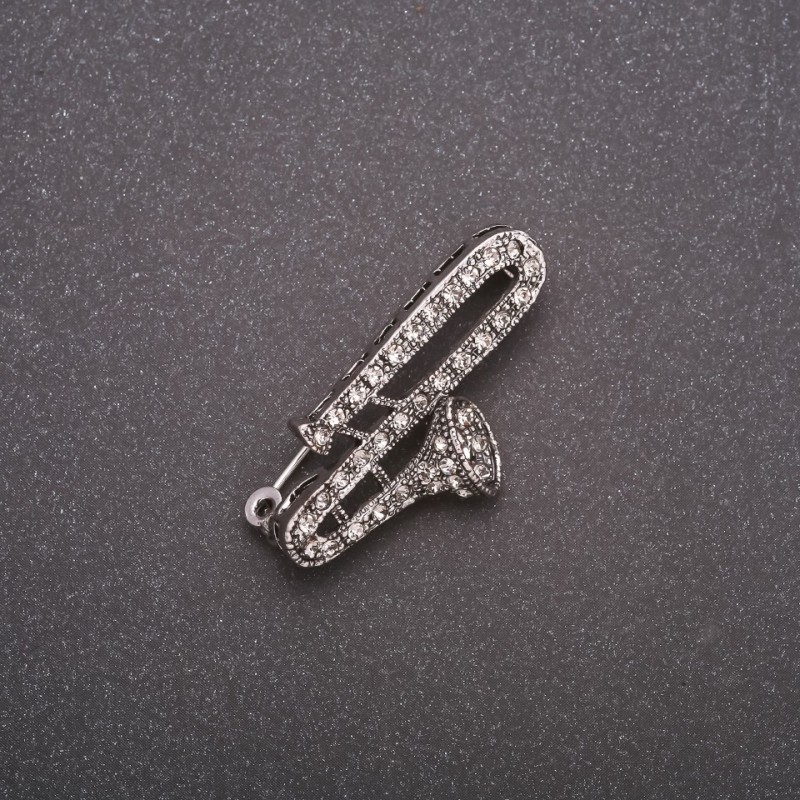 Spilla Flauto con strass, metallo grigio 38x19mm