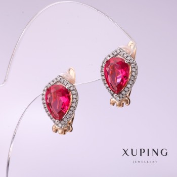Orecchini Xuping con pietra colore lampone 10x14 mm, doratura 18K