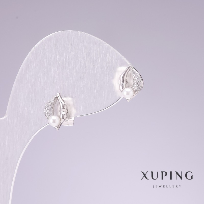 Orecchini a lobo Xuping rodio «Labbra con strass bianchi» 7×10 mm