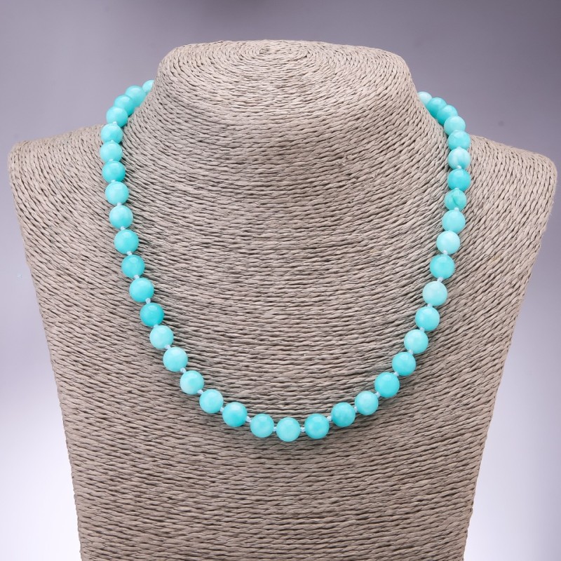 Collana di acquamarina, perle lisce, diametro 8 mm, lunghezza 45 cm