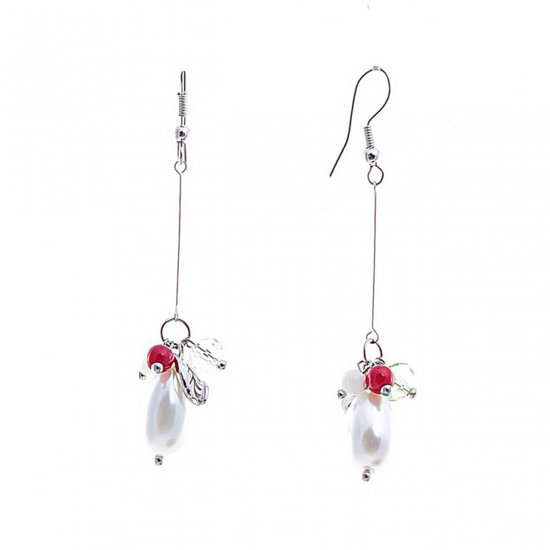 Orecchini pendenti con perline bianche e rosse, ispirati a perle e corallo, lunghezza 65 mm