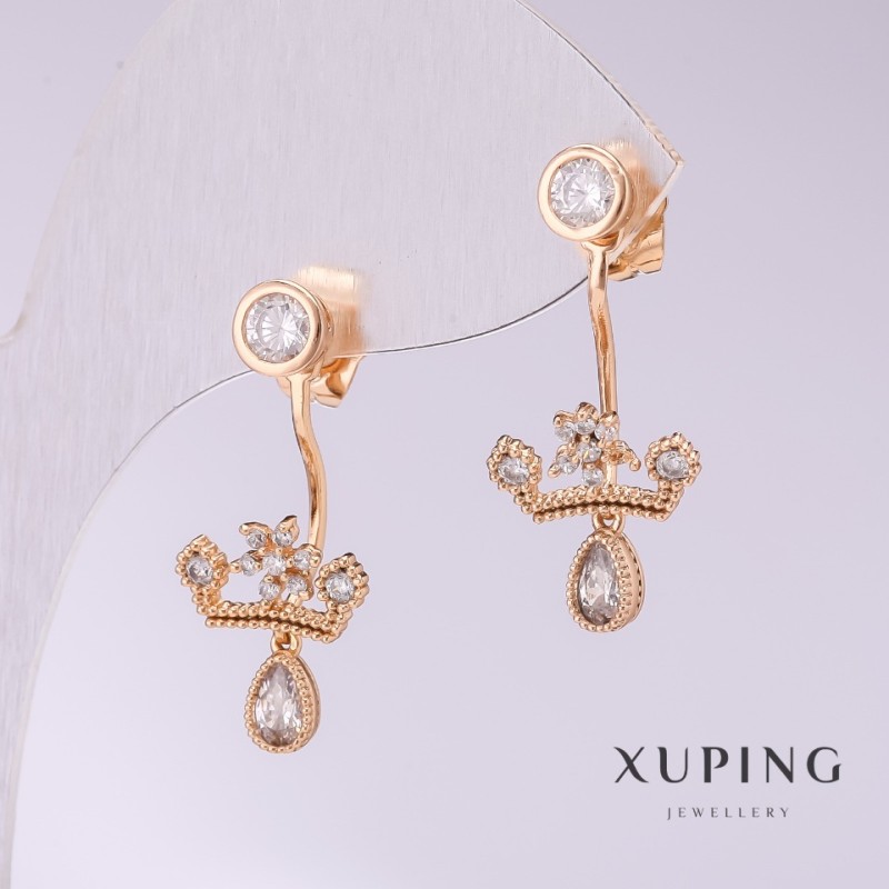 Orecchini Xuping Corone con strass bianchi 28×12 mm doratura 18K