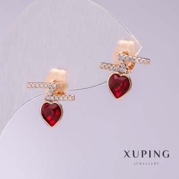 Orecchini Xuping a perno a forma di cuore con pietre rosse 12x11 mm, placcato oro