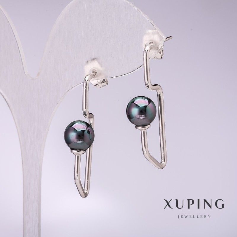Orecchini Xuping con perle nere di Maiorca, 34×8 mm, rodiati