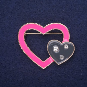 Spilla a cuori smaltata, colore nero e rosa, 45×37 mm, metallo giallo