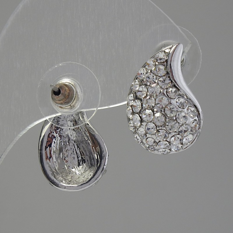 Orecchini a perno con strass, colore bianco, 12×18 mm, metallo argentato