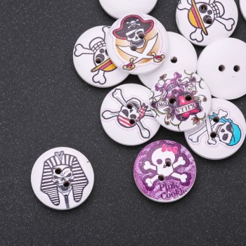 Bottoni in legno per bambini Pirati e Teschi, colore bianco multicolore, 20 mm, confezione da 30 pezzi
