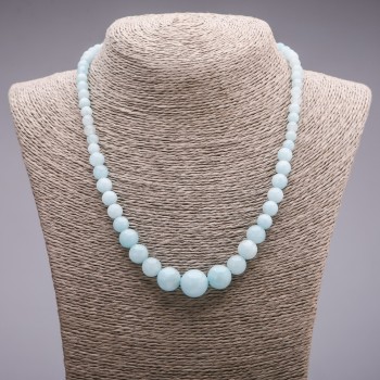 Collana di acquamarina artificiale con sfere di dimensione crescente, diametro 6–14 mm, lunghezza 45 cm