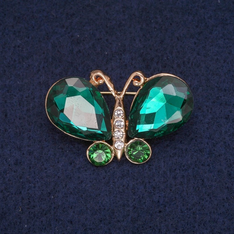 Spilla farfalla con cristalli verdi e bianchi, metallo dorato 23×34 mm
