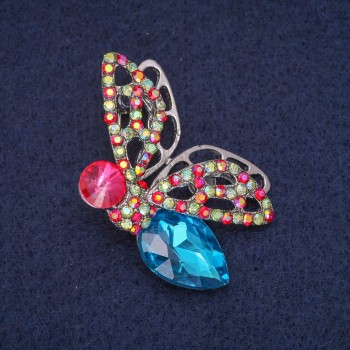 Saldi! Spilla farfalla con cristalli, metallo argentato 28x45 mm