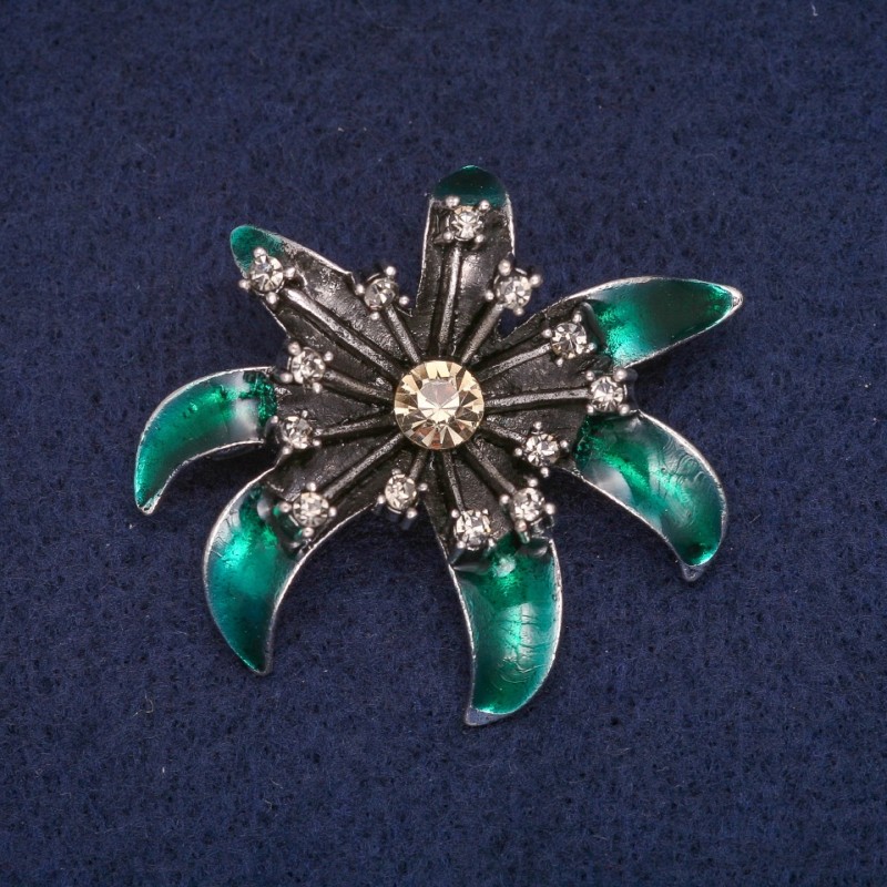 Saldi! Spilla Fiore con smalto verde e strass, metallo grigio 37×41 mm