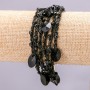Bracciale con chiusura a moschettone, con catena in metallo e filo macramè, pietre nere sfaccettate rotonde