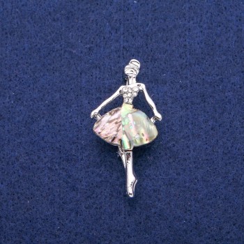 Spilla Balerina con madreperla di haliotite e strass, 23×44 mm, metallo argentato