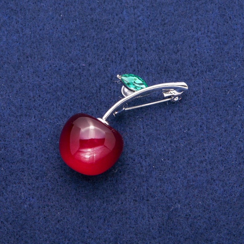 Spilla Ciliegina con cristallo, metallo argentato 49×22 mm