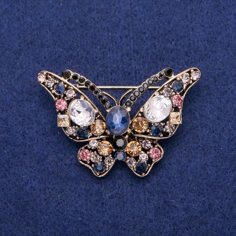 Spilla farfalla in cristalli 40×57 mm, metallo dorato