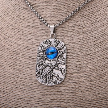 Ciondolo Occhio di Drago blu, 30×58 mm su catena, lunghezza 65 cm, colore metallo argento