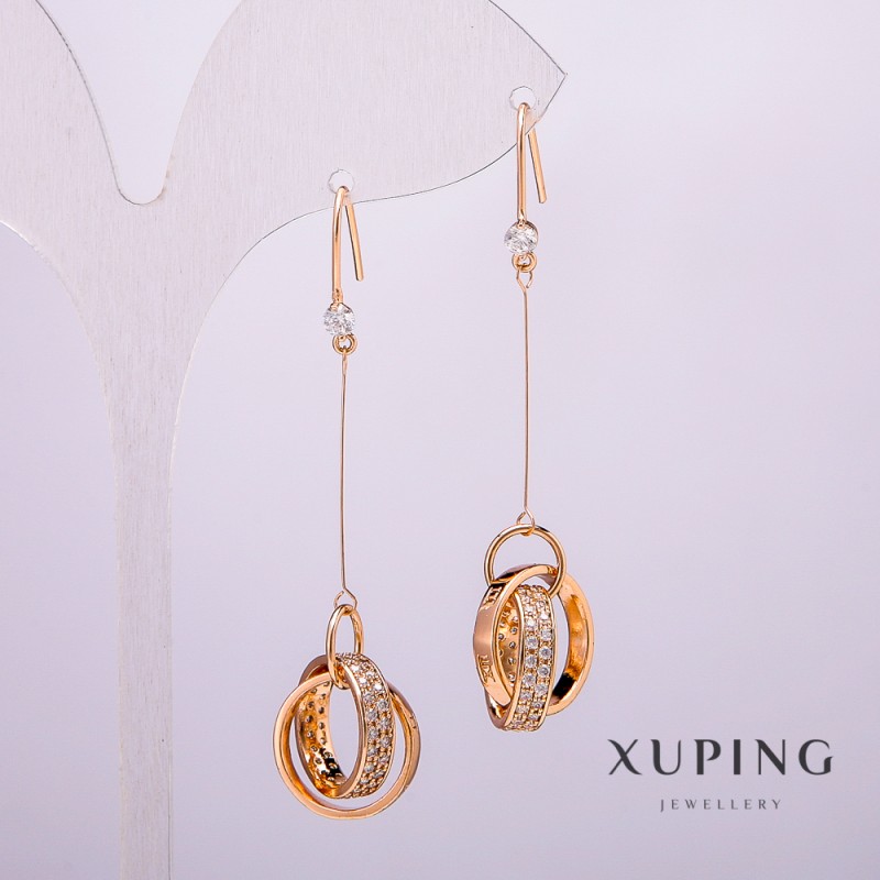 Orecchini Xuping placcati oro 18K con pietra e strass bianchi, lunghezza 58 mm +