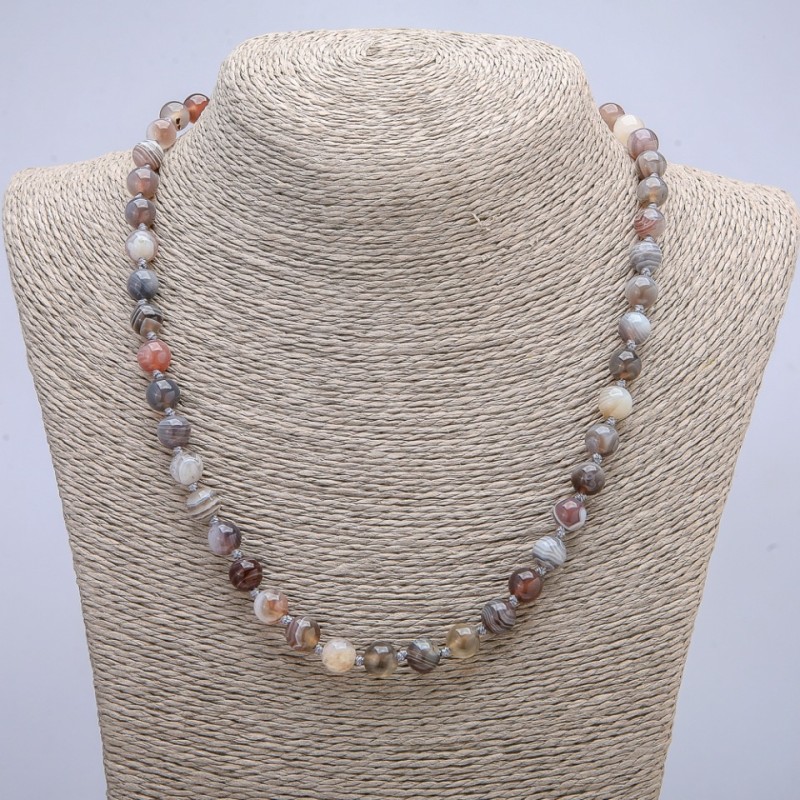 Collana in agata Botswana, perle lisce, diametro 8 mm, lunghezza 45 cm +