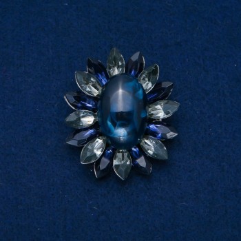 Spilla Fiore 50×43 mm cabochon d'Agata, colore blu, grigio, metallo argentato