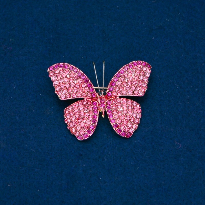 Spilla farfalla con strass rosa e lampone, metallo dorato 35×45 mm +