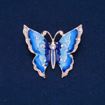In offerta! Spilla farfalla con strass bianchi, smalto azzurro e blu, metallo dorato 47×52 mm +