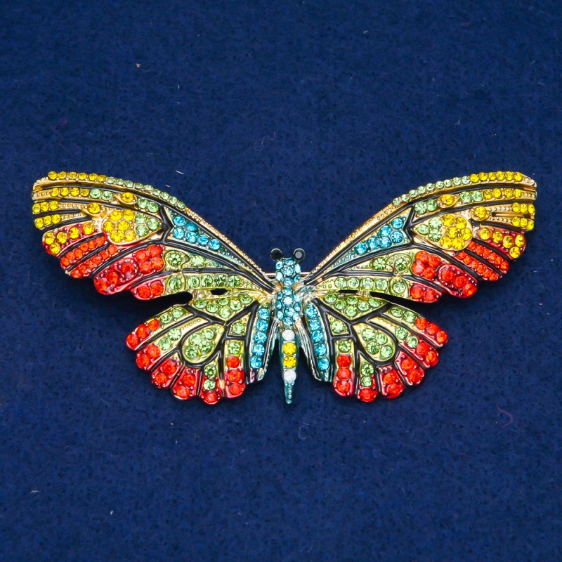 Spilla farfalla dorata in metallo, strass multicolori 81×37 mm +