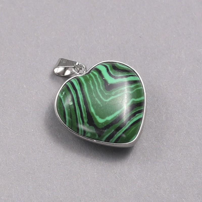 Pendente a forma di cuore con montatura argentata in malachite, diametro 26×26 mm+