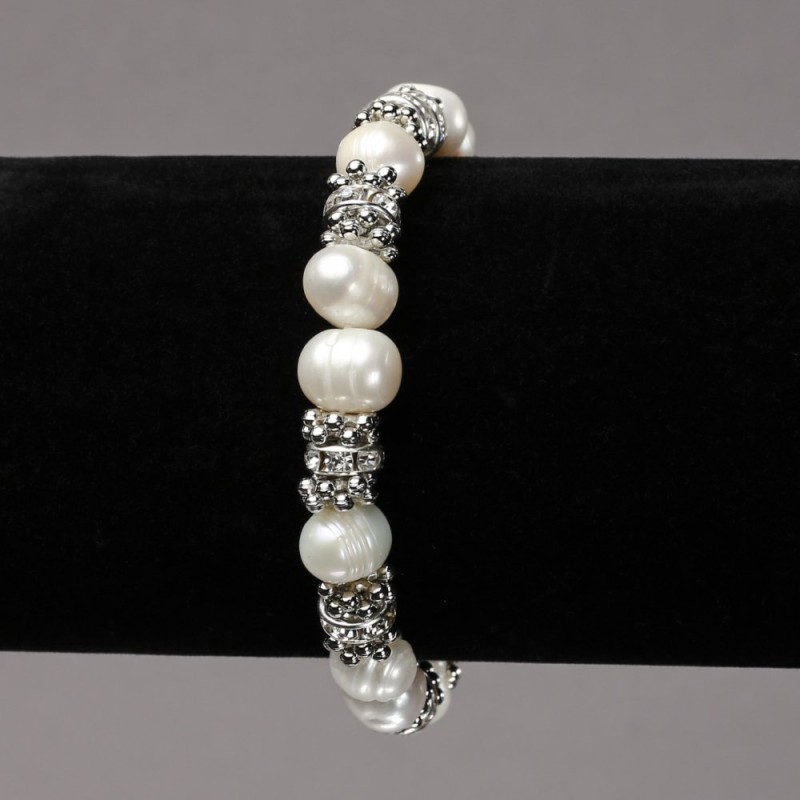 Bracciale elastico con Perle di fiume con inserti argentati e strass, diametro 8mm+-, lunghezza 18cm+