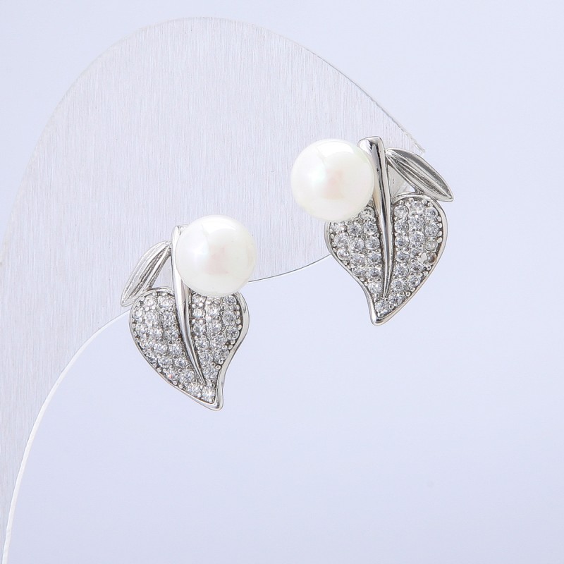 Orecchini Xuping rodio con strass bianchi e perla bianca, diametro 16×14 mm +