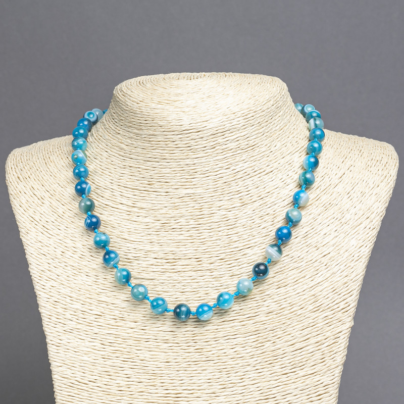 Collana in agata blu, sfere lisce, diametro 8 mm+-, lunghezza 45 cm+-