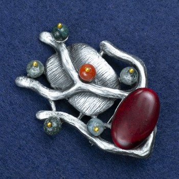 Spilla a rametto con corniola e pietre assortite, metallo argentato 61×42 mm +