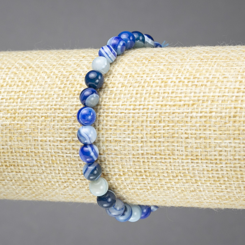 Bracciale elastico in agata blu, sfere lisce, diametro 6 mm+